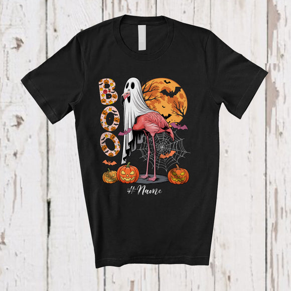 MacnyStore - Personalized Custom Name BOO; Awesome Halloween Costume Moon Ghost Flamingo Animal T-Shirt