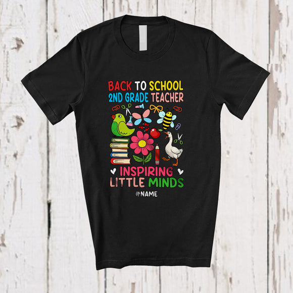 MacnyStore - Personalized Custom Name Back To School 2nd Grade Teacher Inspiring Minds; Lovely Flower Garden T-Shirt