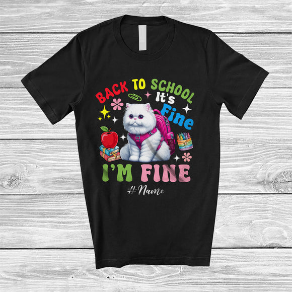 MacnyStore - Personalized Custom Name Back To School I'm Fine; Lovely First Day Of School Cat Schoolbag T-Shirt