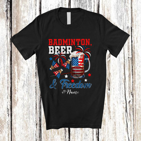 MacnyStore - Personalized Custom Name Badminton Beer Freedom; Joyful 4th of July Drinking Player; Patriotic T-Shirt