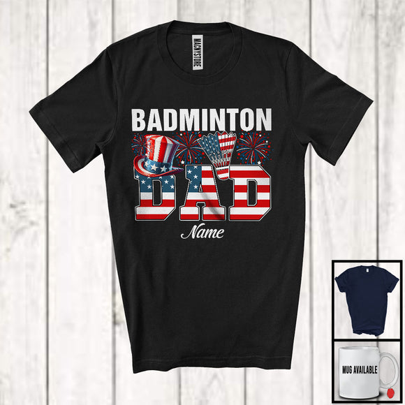 MacnyStore - Personalized Custom Name Badminton Dad, Proud 4th Of July USA Flag Sport, Patriotic Family T-Shirt