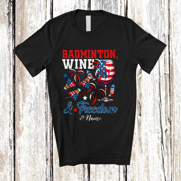 MacnyStore - Personalized Custom Name Badminton Wine Freedom; Joyful 4th of July Drinking Player; Patriotic T-Shirt