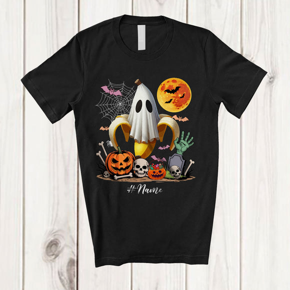 MacnyStore - Personalized Custom Name Banana Wearing Ghost Boo Costume; Creepy Halloween Fruit Vegan T-Shirt