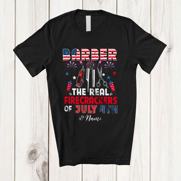 MacnyStore - Personalized Custom Name Barber Real Firecrackers; Joyful 4th Of July Fireworks; Patriotic T-Shirt
