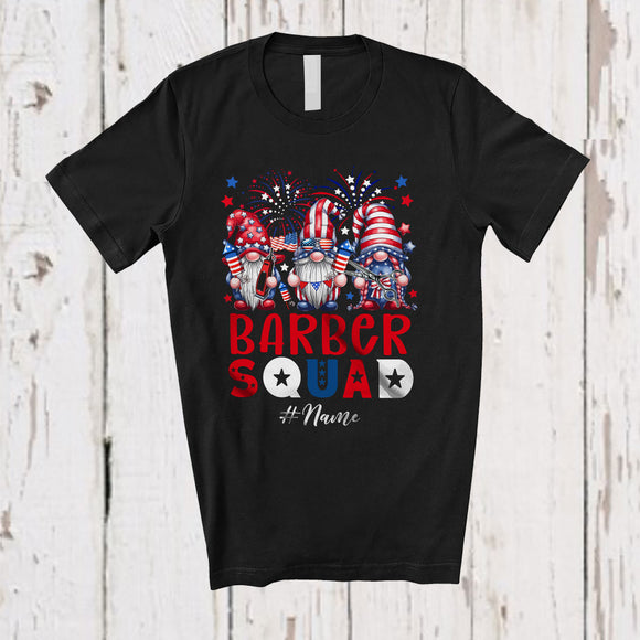 MacnyStore - Personalized Custom Name Barber Squad; Adorable 4th Of July Three Patriotic Gnomes T-Shirt