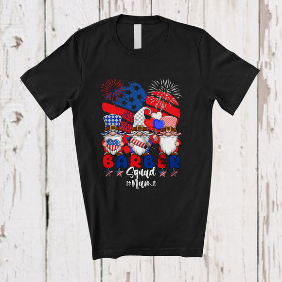 MacnyStore - Personalized Custom Name Barber Squad; Joyful 4th Of July Three Gnomes; US Flag Heart Patriotic T-Shirt