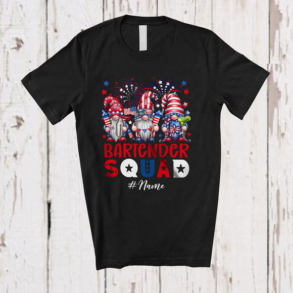 MacnyStore - Personalized Custom Name Bartender Squad; Adorable 4th Of July Three Patriotic Gnomes T-Shirt