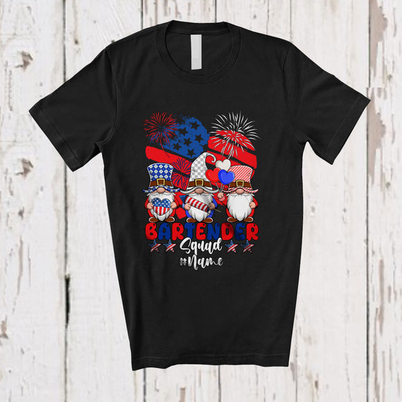 MacnyStore - Personalized Custom Name Bartender Squad; Joyful 4th Of July Three Gnomes; US Flag Heart T-Shirt