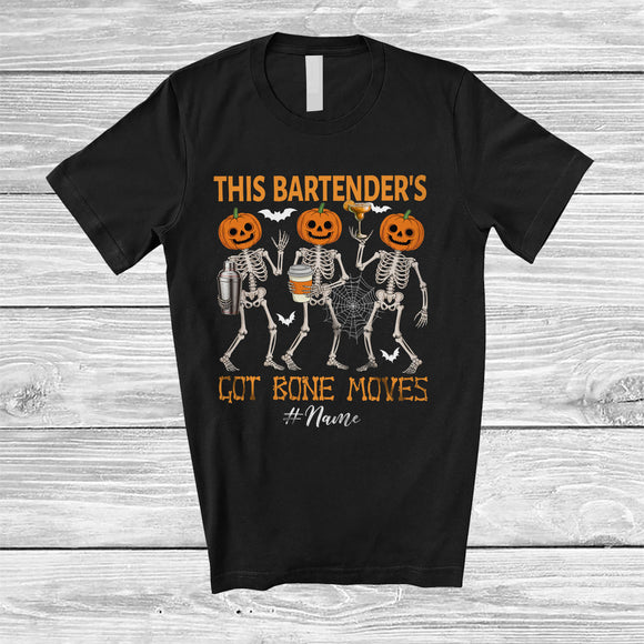 MacnyStore - Personalized Custom Name Bartender's Got Bone Moves; Joyful Halloween Pumpkin Skeletons T-Shirt