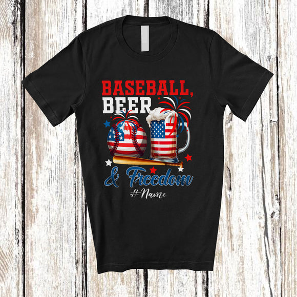 MacnyStore - Personalized Custom Name Baseball Beer Freedom; Joyful 4th of July Drinking Player; Patriotic T-Shirt