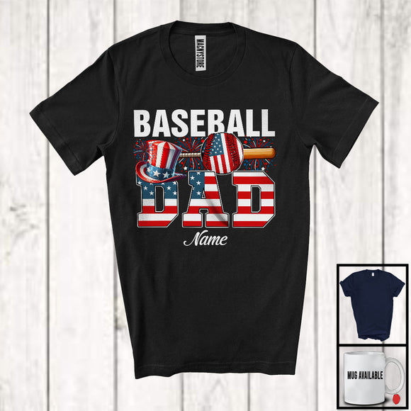 MacnyStore - Personalized Custom Name Baseball Dad, Proud 4th Of July USA Flag Sport, Patriotic Family T-Shirt