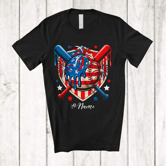 MacnyStore - Personalized Custom Name Baseball Drip; Amusing 4th Of July Ice Cream US Flag; Patriotic T-Shirt