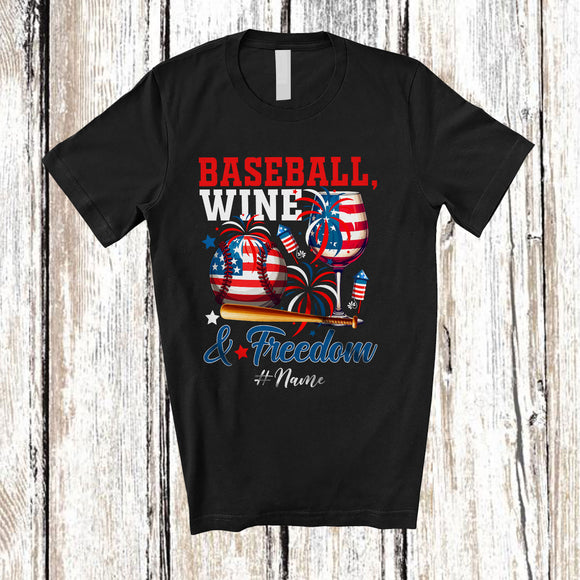 MacnyStore - Personalized Custom Name Baseball Wine Freedom; Joyful 4th of July Drinking Player; Patriotic T-Shirt