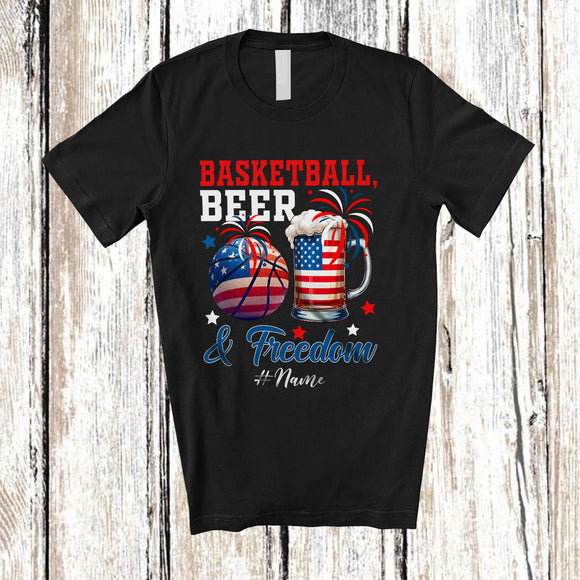 MacnyStore - Personalized Custom Name Basketball Beer Freedom; Joyful 4th of July Drinking Player; Patriotic T-Shirt