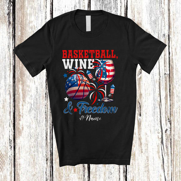 MacnyStore - Personalized Custom Name Basketball Wine Freedom; Joyful 4th of July Drinking Player; Patriotic T-Shirt