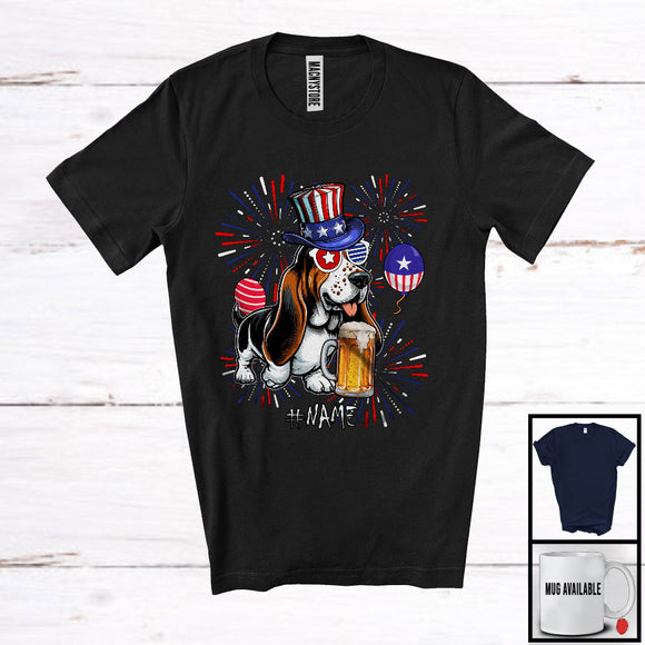 MacnyStore - Personalized Custom Name Basset Hound Drinking Beer, Lovely 4th Of July Fireworks, Patriotic T-Shirt