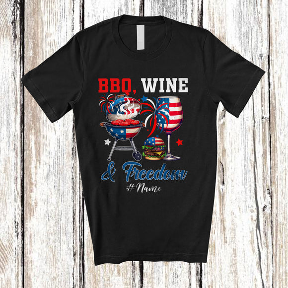 MacnyStore - Personalized Custom Name Bbq Wine Freedom; Joyful 4th of July Drinking Grill Lover; Patriotic T-Shirt