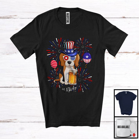 MacnyStore - Personalized Custom Name Beagle Drinking Beer, Lovely 4th Of July Fireworks, Patriotic T-Shirt