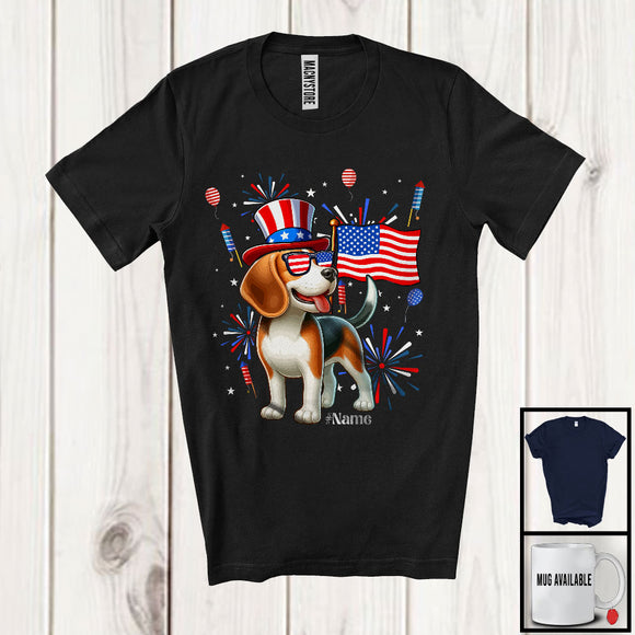 MacnyStore - Personalized Custom Name Beagle, Lovely 4th Of July American Flag Fireworks, Beagle Patriotic T-Shirt