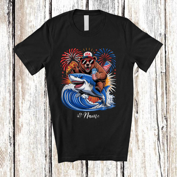 MacnyStore - Personalized Custom Name Bear Riding Shark Drinking Eat Pizza; Lovely 4th Of July Patriotic T-Shirt