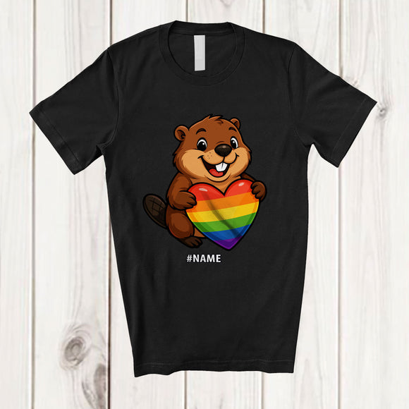 MacnyStore - Personalized Custom Name Beaver Rainbow Heart Progressive; Lovely LGBTQ Pride Beaver T-Shirt