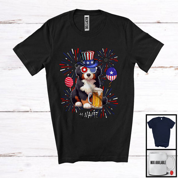 MacnyStore - Personalized Custom Name Bernedoodle Drinking Beer, Lovely 4th Of July Fireworks, Patriotic T-Shirt