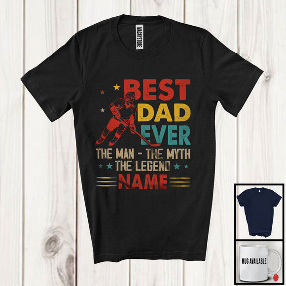 MacnyStore - Personalized Custom Name Best Dad Ever Man Myth Legend, Happy Father's Day Hockey Vintage T-Shirt
