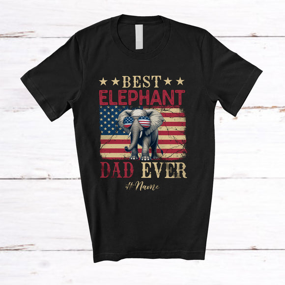 MacnyStore - Personalized Custom Name Best Elephant Dad; Proud Father's Day 4th of July US Flag; Patriotic T-Shirt