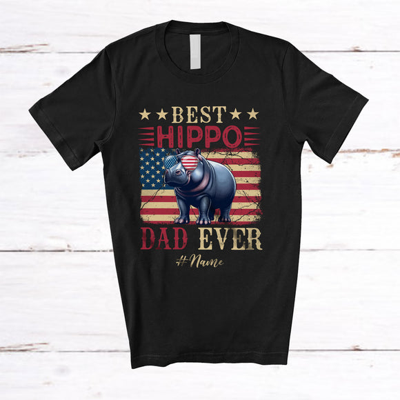 MacnyStore - Personalized Custom Name Best Hippo Dad Ever; Proud Father's Day 4th of July US Flag; Patriotic T-Shirt
