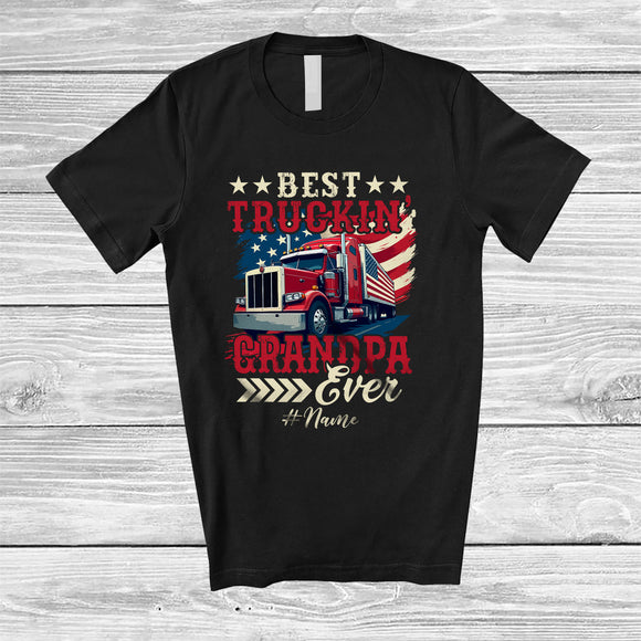 MacnyStore - Personalized Custom Name Best Truckin' Grandpa Ever; Proud Father's Day US Flag Trucker Family T-Shirt