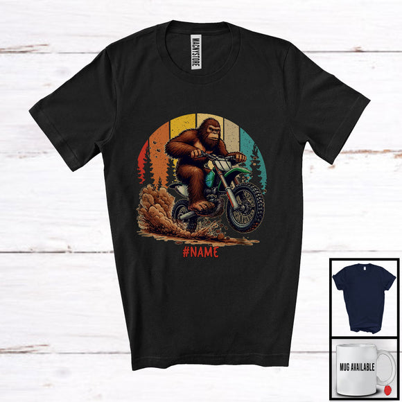 MacnyStore - Personalized Custom Name Bigfoot Riding Dirt Bike; Humorous Vintage Retro Group Of Vehicles T-Shirt