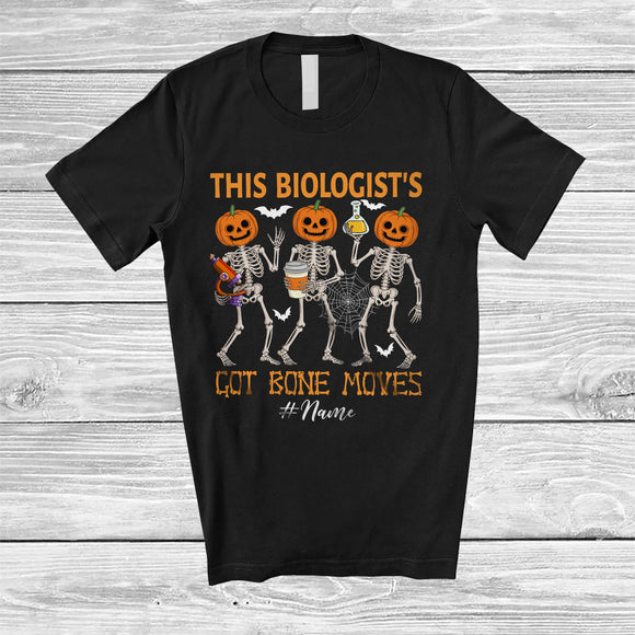 MacnyStore - Personalized Custom Name Biologist's Got Bone Moves; Joyful Halloween Pumpkin Skeletons T-Shirt