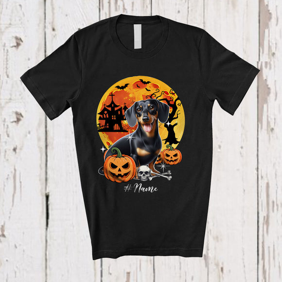 MacnyStore - Personalized Custom Name Black Dachshund; Horror Halloween Moon Dachshund Owner Pumpkin T-Shirt