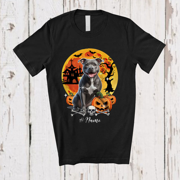 MacnyStore - Personalized Custom Name Black Pit Bull; Horror Halloween Moon Pit Bull Owner Pumpkin; Family T-Shirt