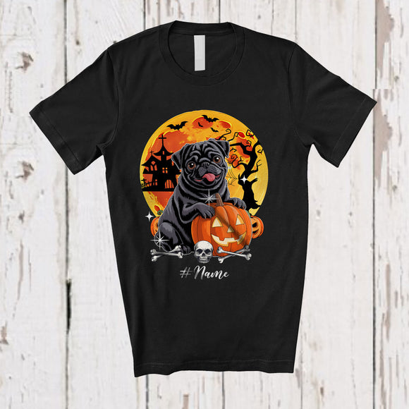 MacnyStore - Personalized Custom Name Black Pug; Horror Halloween Moon Pug Owner Pumpkin; Family T-Shirt