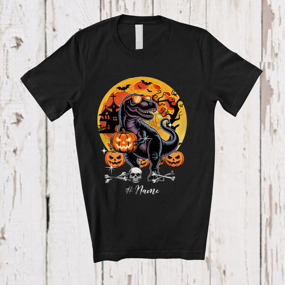 MacnyStore - Personalized Custom Name Black T-Rex; Horror Halloween Moon T-Rex Owner Pumpkin; Family T-Shirt
