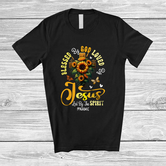 MacnyStore - Personalized Custom Name Blessed by God Loved by Jesus; Joyful Mother's Day Sunflower Cross T-Shirt