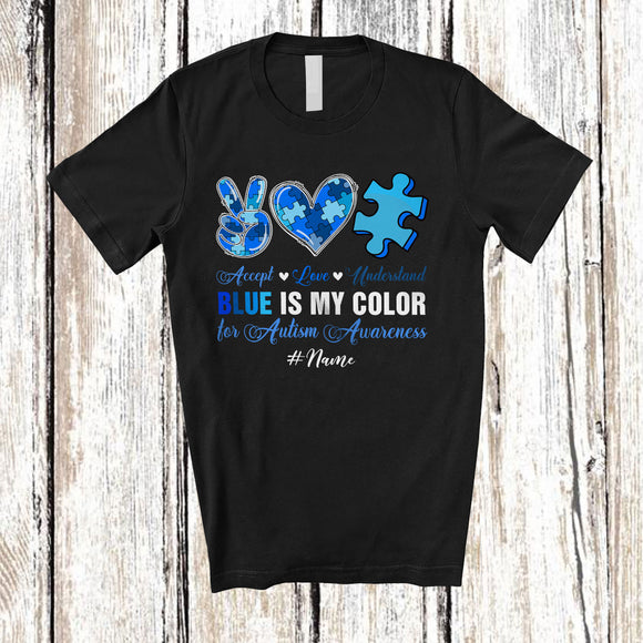 MacnyStore - Personalized Custom Name Blue Is My Color; Joyful Autism Puzzle Peace Hand Sign Heart T-Shirt