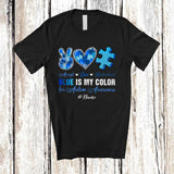 MacnyStore - Personalized Custom Name Blue Is My Color; Joyful Autism Puzzle Peace Hand Sign Heart T-Shirt
