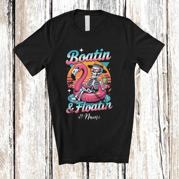 MacnyStore - Personalized Custom Name Boatin And Floatin; Joyful Summer Vacation Skeleton On Flamingo Float T-Shirt