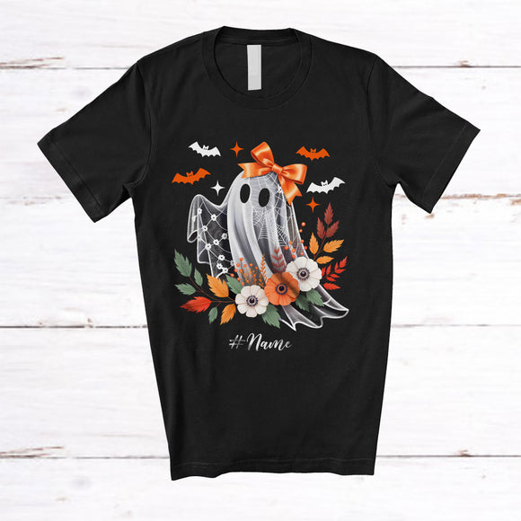 MacnyStore - Personalized Custom Name Boo Ghost Floral Bow Tie; Adorable Halloween Women Girls Family T-Shirt