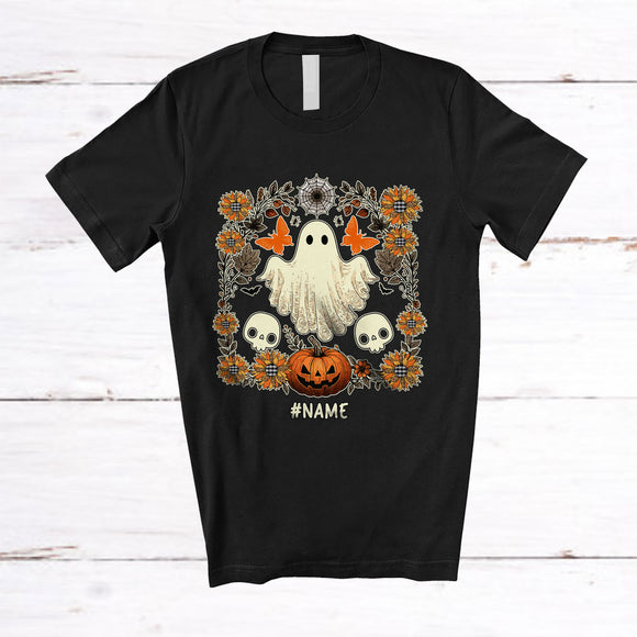MacnyStore - Personalized Custom Name Boo Ghost Floral Plaid Sunflowers; Lovely Halloween Pumpkin Family T-Shirt