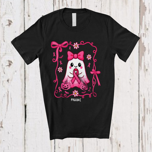 MacnyStore - Personalized Custom Name Boo Ghost Pink Ribbon; Lovely Halloween Breast Cancer Preppy Flowers T-Shirt