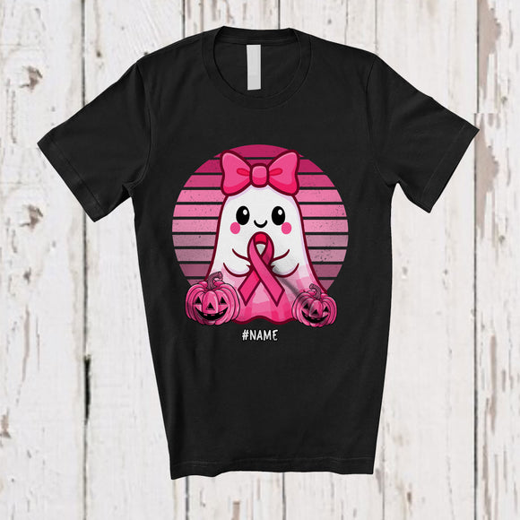 MacnyStore - Personalized Custom Name Boo Ghost Pink Ribbon; Lovely Halloween Breast Cancer Vintage Retro T-Shirt