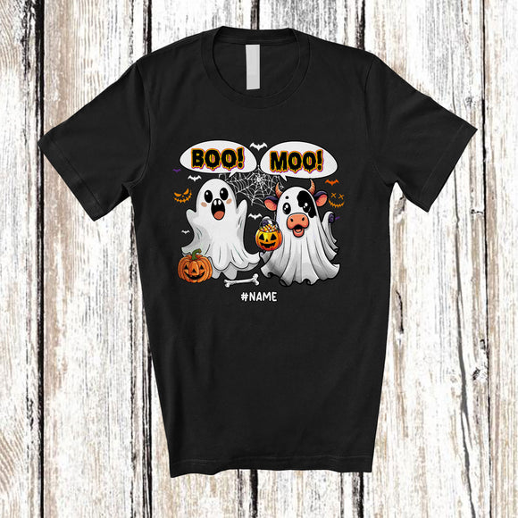 MacnyStore - Personalized Custom Name Boo Moo; Adorable Halloween Ghost Cow Farmer; Pumpkin Candy T-Shirt