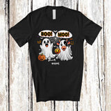 MacnyStore - Personalized Custom Name Boo Moo; Adorable Halloween Ghost Cow Farmer; Pumpkin Candy T-Shirt