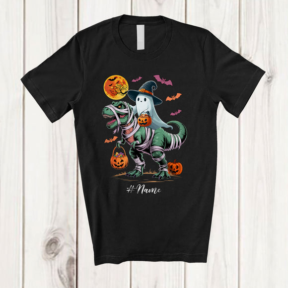 MacnyStore - Personalized Custom Name Boo Riding T-Rex Mummy; Scary Halloween Dinosaur Cosplay; Family T-Shirt