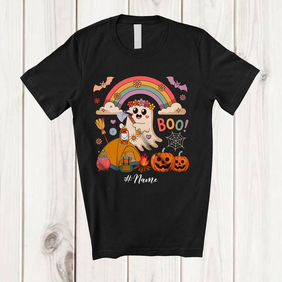 MacnyStore - Personalized Custom Name Boo; Adorable Halloween Ghost Camping Lover Flowers; Rainbow T-Shirt