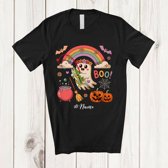 MacnyStore - Personalized Custom Name Boo; Adorable Halloween Ghost Fishing Fisherman Flowers; Rainbow T-Shirt