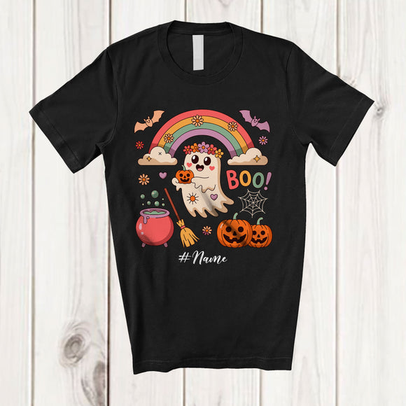 MacnyStore - Personalized Custom Name Boo; Adorable Halloween Ghost Pumpkin Lover Flowers; Rainbow T-Shirt